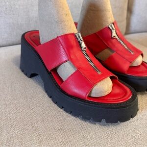 Free People Wishbone Zip Front Lug Sole Platform Sandals Mules Red Slides